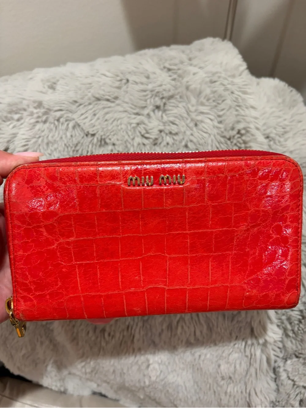 Miu Miu Red Croc-Embossed Zip Wallet with Gold Logo